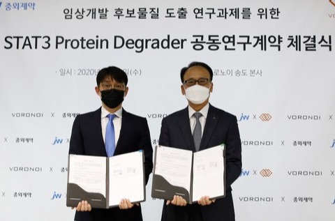 JW중외제약 이성열 대표(오른쪽)와 보로노이 김대권 대표