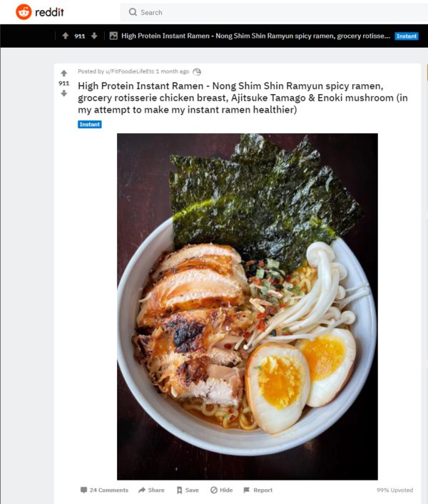 ▲미국의 소셜 뉴스 웹사이트 레딧(Reddit)에 올라온 신라면 응용 레시피 사진이 900개가 넘는 추천을 받았다, 자료: 농심