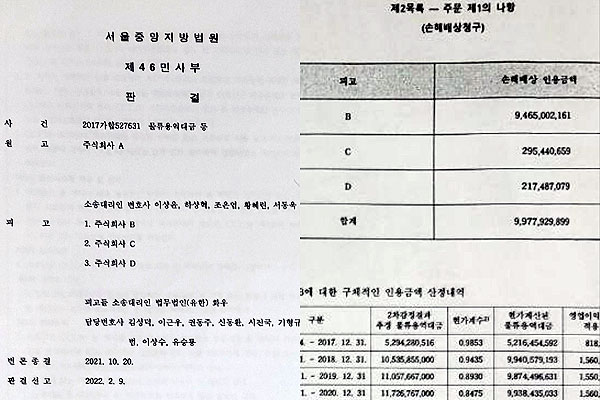 ▲지난 9일 열린 물류용역계약해지 손해배상 소송 1심 판결문