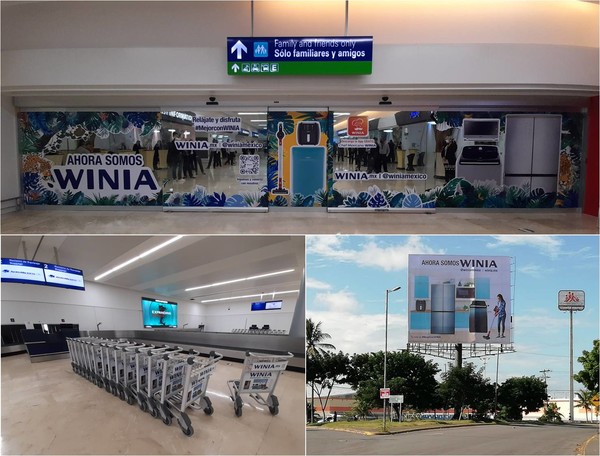 ▲멕시코 칸쿤 공항 출구 게이트 광고(상단), 멕시코 칸쿤 공항 내 카트 광고(좌측 하단), 멕시코 대도시 내 주요 도로변 옥외 광고(우측 하단)