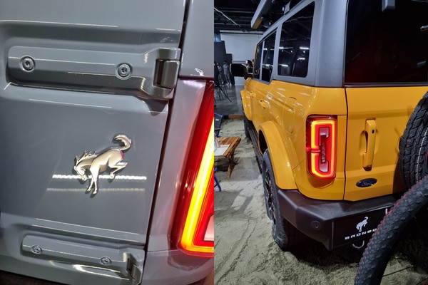 ▲브롱코를 상징하는 '야생마' 심볼(왼쪽), 브롱코의 'B'를 역으로 탑재한 듯한 리어 램프