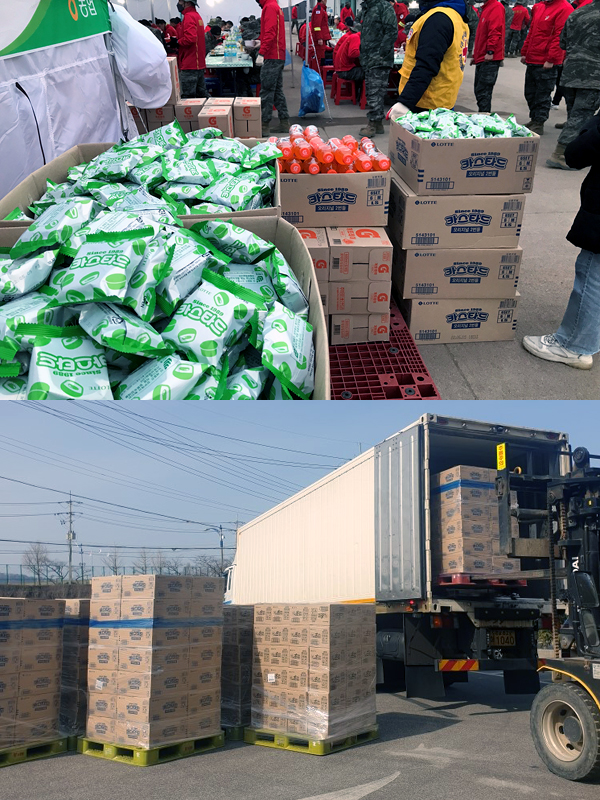 ▲롯데제과가 산불로 피해를 입은 울진군(위)과 동해시(아래) 지원에 나섰다