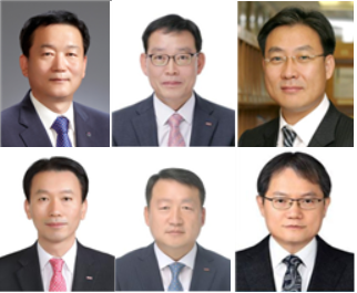 ▲ (왼쪽부터 시계방향) 이두호 BNK캐피탈 대표, 명형국 BNK저축은행 대표, 이윤학 BNK자산운용 대표, 김상윤 BNK벤처투자 대표, 김영문 BNK시스템 대표, 김성주 BNK신용정보 대표