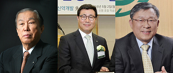 ▲(왼쪽부터) 창업주 고(故) 송암 장용택 회장, 장원준 전(前) 신풍제약 대표, 유제만 신풍제약 대표