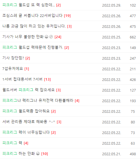 ▲피크리그 진행 시의 극심한 렉에 대해 불만을 제기하는 이용자들.