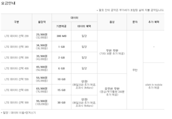 ▲2015년 KT가 서비스했던 4G LTE 데이터선택 요금제.