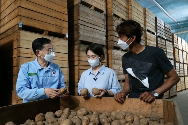 ▲청년농부와 멘토가 농심 아산공장 감자저장고를 견학하고 있다. (사진 왼쪽부터) 농심 아산공장 품질관리팀 권택상 책임, 청년농부 김수진, 멘토 더어울림 김의종 대표