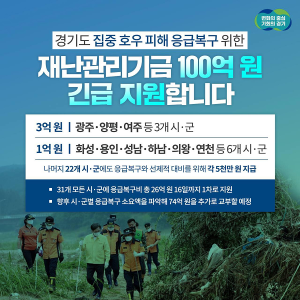 ▲경기도 집중 호우 피해 응급 복구 위한 재난 관리기금 100억 원 긴급 지원(사진=김동연 페이스북)