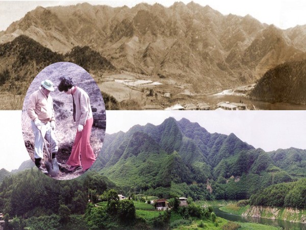 최종현 SK 선대회장이 충북 충주시 인등산 임야를 사들여 조림 사업을 진행한 결과, 1970년대 초반(위)과 현재(아래) 풍경이 크게 달라졌다. 원 안은 최종현 선대회장이 부인 고 박계희 여사와 인등산에 나무를 심는 모습.