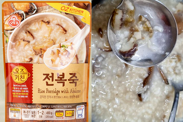 ▲이마트몰에 게재된 제품 이미지와 지난해 12월 고객리뷰에 올라온 게시글 사진. 이 소비자는 '버섯이 더 많고 전복은 작은 크기의 네 조각뿐'이라는 글을 남겼다