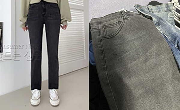 ▲에이블리서 '흑청색' 데님(왼쪽)으로 판매했지만 실제론 물빠진 검정바지다