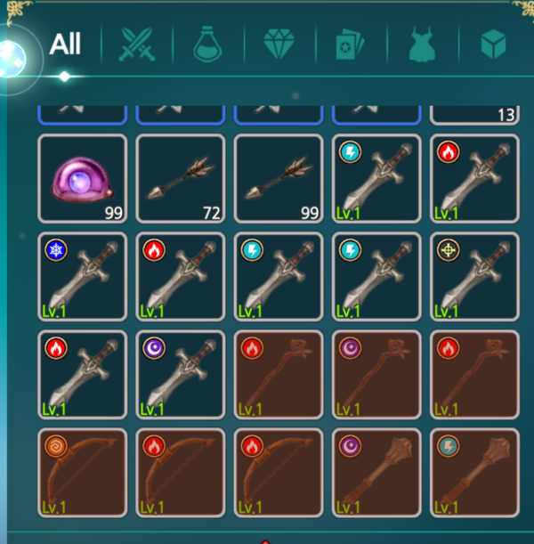 ▲한 시간 가량 자동 사냥을 돌려 둔 기자의 인벤토리가 장비로 가득찼다. 심지어 곧바로 실전에 사용해도 문제가 없는 아이템들이다.