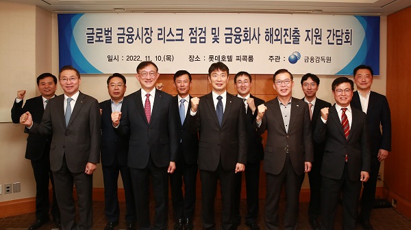 ▲ (앞줄 왼쪽부터) 조남훈 KB금융지주 전무, 서승현 신한금융지주 부사장, 이복현 금감원장, 조웅기 미래에셋증권 부회장 홍근배 현대캐피탈 상무 (뒷줄 왼쪽부터) 윤석모 우리은행 부행장, 반채운 농협금융지주 부문장, 이종승 하나금융지주 부사장, 장철민 코리안리 전무, 박준규 삼성생명 부사장, 안성일 한국투자증권 상무