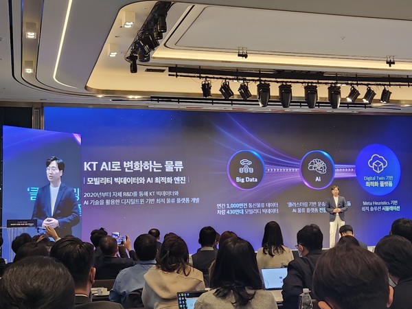 ▲AI 풀필먼트 플랫폼 'LISCO', AI 화물중개 운송 플랫폼 'Brokarry' 등 KT 디지털 물류 플랫품을 소개하는 모습