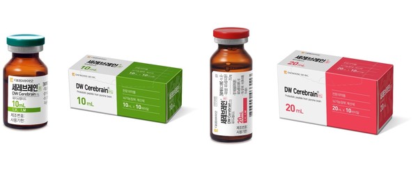 ▲(왼쪽부터) 세레브레인주 Vial 10ml, 세레브레인 박스 10ml, 세레브레인주 Vial 20ml, 세레브레인 박스 20ml