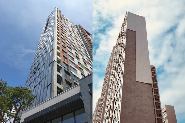 포스코의 부식에 강한 철 ‘포스맥(PosMAC)’으로 제작된 스틸아트월이 적용된 포스코건설 더샵 염주센트럴파크(왼쪽)와 GS건설 자이 프레지던스