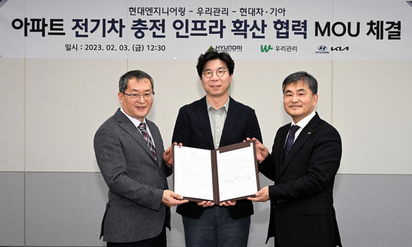 ▲(왼쪽부터) 최재홍 현대엔지니어링 자산개발영업실장, 정규원 현대자동차 EV인프라전략실장, 김영복 우리관리 사장.