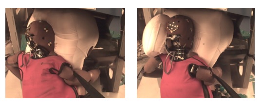 ▲'머리 회전 방지 에어백(오른쪽)'과 기존 일반 에어백 전개장면 비교. 충돌 후 0.05초 시점에 보조챔버가 최대로 부풀어 오르고 승객의 머리가 회전하는 0.06초 시점에 챔버 압력을 최대로 하는 장치가 작동해 승객의 머리 회전 상해를 줄여준다.