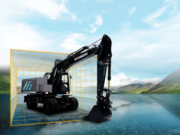 ▲콘엑스포 2023에 전시되는 현대건설기계의 15톤 수소 휠굴착기 모습.