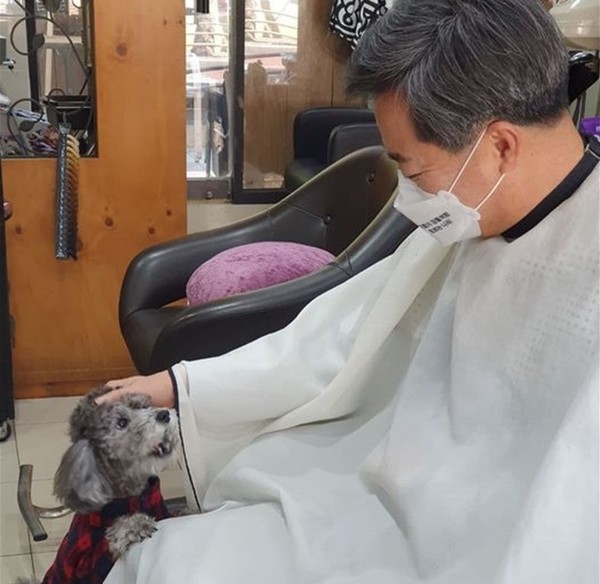 단골 이발소에서 만난 강아지 머리를 쓰다듬고 있는 김동연 경기도지사