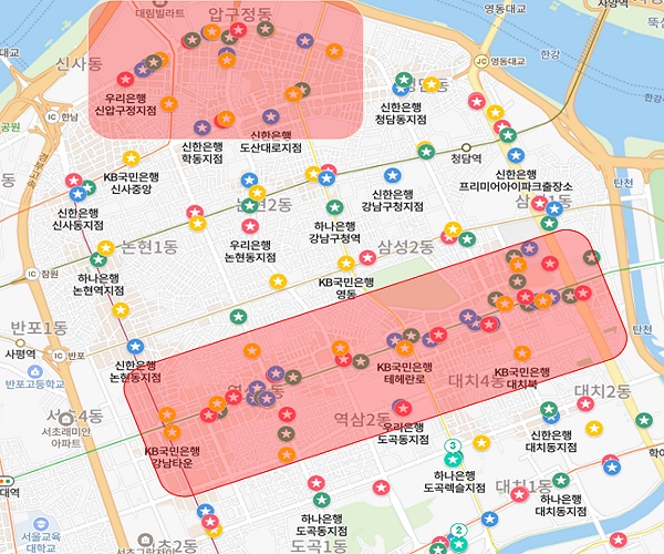 ▲ 4대 시중은행 서울 강남구 내 점포 분포도. 기업 본사가 몰린 테헤란로 인근과 고가 아파트들이 밀집된 압구정동 일대에 점포가 몰려 있는 것을 확인할 수 있다.