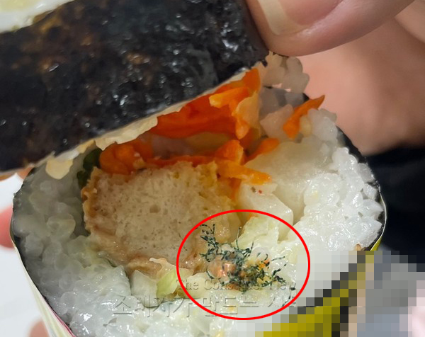 김밥에서 발견된 까끌까끌한 재질의 이물질