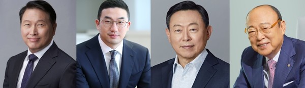 ▲(왼쪽부터) 최태원 신세계그룹 회장, 구광모 LG그룹 회장, 신동빈 롯데그룹 회장, 김승연 한화그룹 회장.