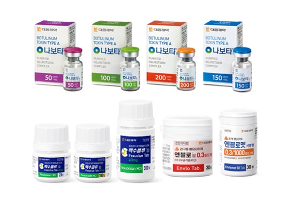 ▲대웅제약 3대 신약 나보타(위), 펙수클루(왼쪽 아래), 엔블로