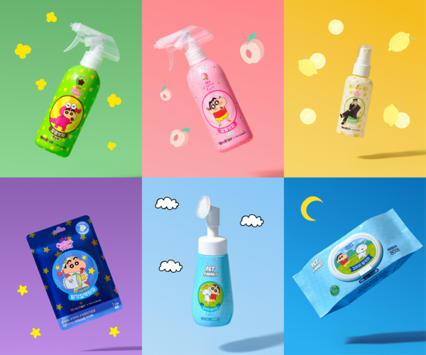 ▲(상단 왼쪽 제품부터) 발을씻자 풋샴푸 민트초코향, 발을씻자 풋샴푸 피치향, 보송 데오 미스트, 강아지 발씻자 짱구 티슈형, 강아지 발씻자, 짱구, 발각질팩하자 풋필링마스크. 사진=LG생활건강