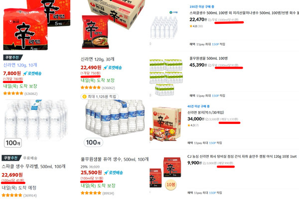 ▲(왼쪽부터) 쿠팡과 11번가에 '신라면 10봉', '생수 100병'을 검색하면 개 당 가격 및 ml 당 가격이 기재돼있다