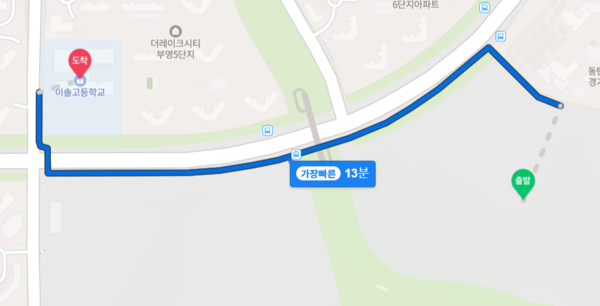 ▲동탄 포레파크 자연앤 푸르지오에서 이솔고 도보 거리