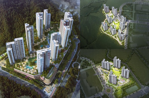 ▲거제 아주 공공지원 민간임대주택 조감도(왼쪽), 밀양부북 A-1BL 조감도(오른쪽 위), S-2BL 조감도(오른쪽 아래)