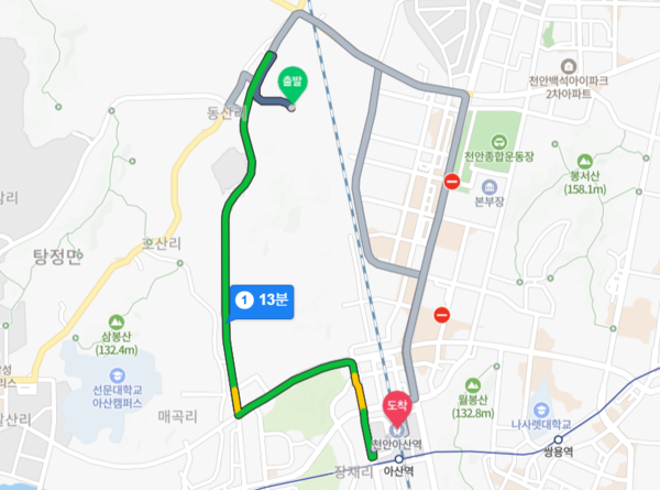 ▲아산탕정자이 센트럴시티에서 1호선·KTX·SRT 천안아산역까지 자차 거리