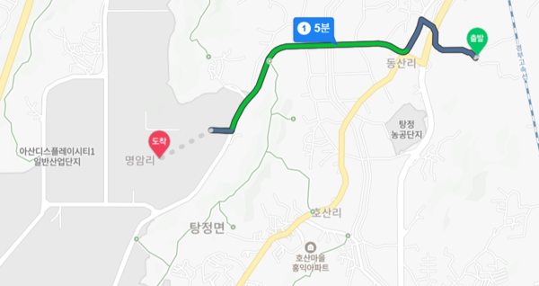 ▲아산탕정자이 센트럴시티에서 삼성디스플레이 아산캠퍼스 자차 거리