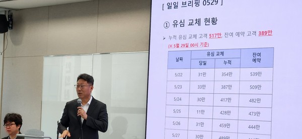 ▲김희섭 SK텔레콤 PR센터장이 일일브리핑을 하고 있다.