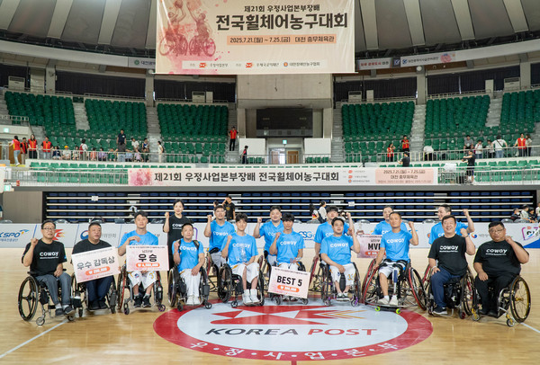 ▲코웨이 블루휠스 휠체어농구단 선수 및 관계자들이 ‘제21회 우정사업본부장배 전국휠체어농구대회’ 우승 기념 사진을 촬영하고 있다.