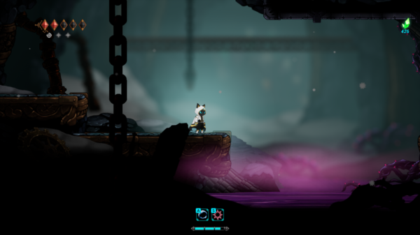 ▲인게임에서 왼쪽 상단의 붉은색 다이아몬드가 체력으로 두개의 다이아몬드표시 마저 사라지면 죽게 된다. 다이아몬드 아래에 파란색 동그라미 표시가 생기면 힐링을 통해 체력을 보충할 수 있다.