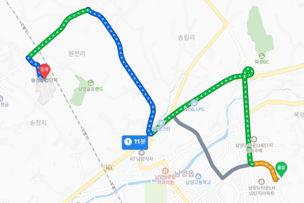 ▲남양뉴타운 우미린 에듀하이에서 송정산업단지까지 자차 거리