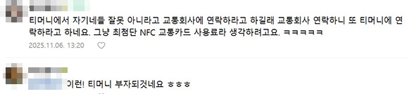 ▲온라인 커뮤니티에 티머니 애플페이 오류 호소 글을 쉽게 찾아볼 수 있다