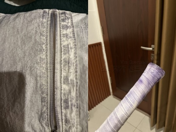 ▲회색 가방 지퍼 부분이 검게 물들었고(왼쪽) 원피스에 닿은 라켓 손잡이도 이염됐다