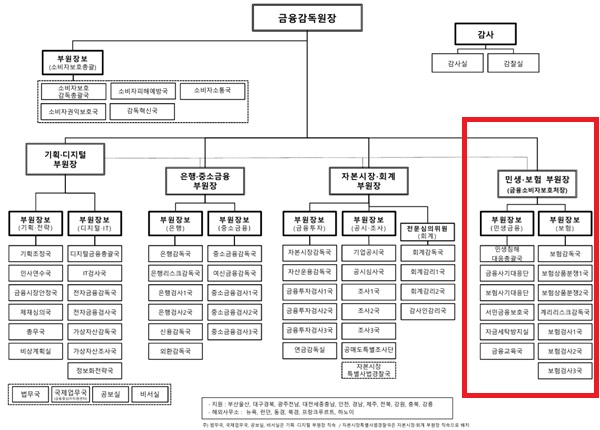 ▲ 현재 금융감독원 조직도. 붉은색 칸이 금융소비자보호처 영역