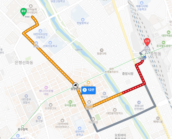 ▲대전 하늘채 루시에르에서 KTX·SRT 대전역까지 자차 거리