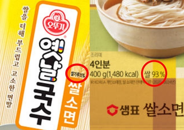 ▲(사진 왼쪽부터) 오뚜기 옛날국수 쌀소면, 샘표 쌀소면