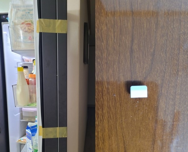 ▲고장난 냉장고 문짝(왼쪽)과 파손 조각.