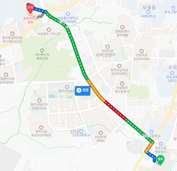 ▲청주 푸르지오 씨엘리체에서 충북대병원 자차 거리