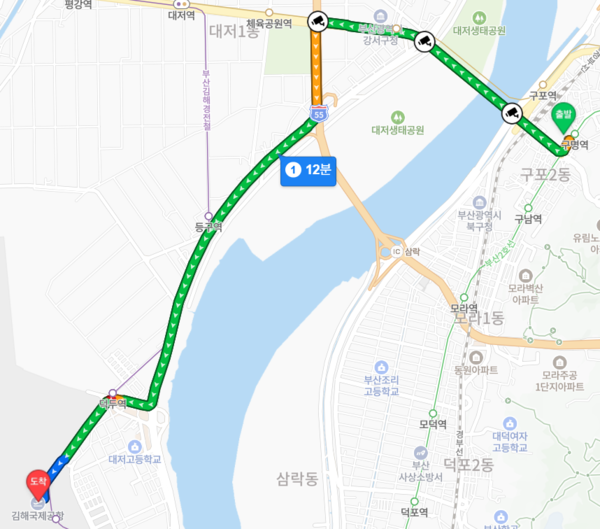 ▲두산위브 트리니뷰 구명역에서 김해국제공항까지 자차 거리