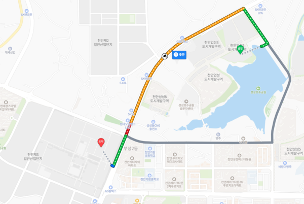 ▲엘리프 성성호수공원 1BL·2BL에서 삼성SDI 천안사업장까지 자차 거리