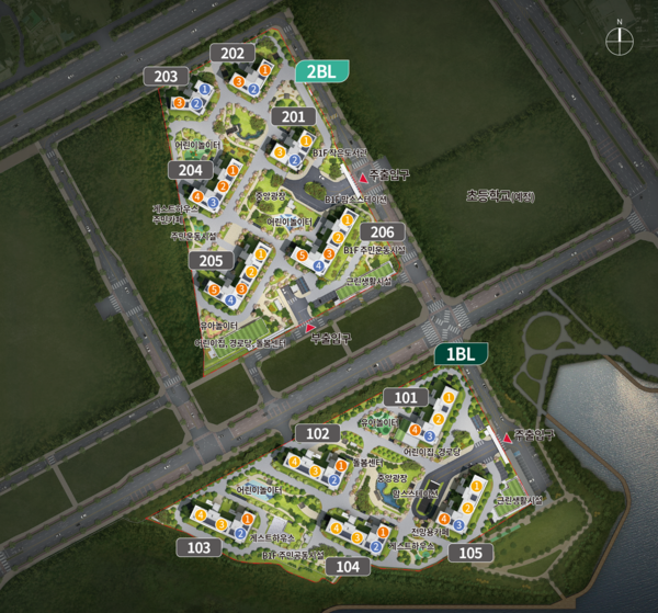 ▲엘리프 성성호수공원 1BL·2BL 단지 배치도