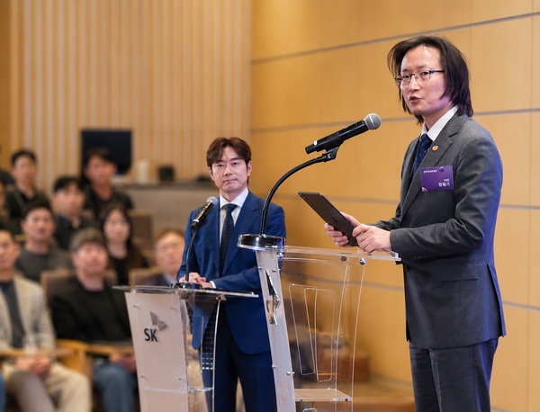 ▲주병기 공정거래위원장이 2일 오후 서울 중구 SK텔레콤 수펙스홀에서 열린 SK-협력사-공정거래위원회 상생협약 체결식에서 축사를 하고 있다. 사진=이범희 기자 