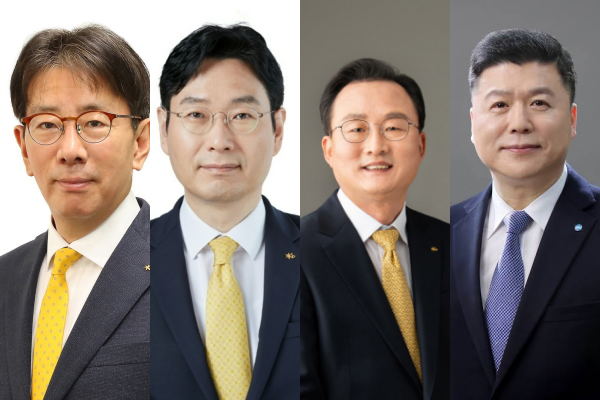 ▲(왼쪽부터) 이재근 KB금융지주 글로벌부문장 겸 WM·SME부문장, 이창권 미래전략부문장, 이환주 KB국민은행 은행장, 권광석 전 우리은행장. [출처-KB금융지주, 우리금융지주]